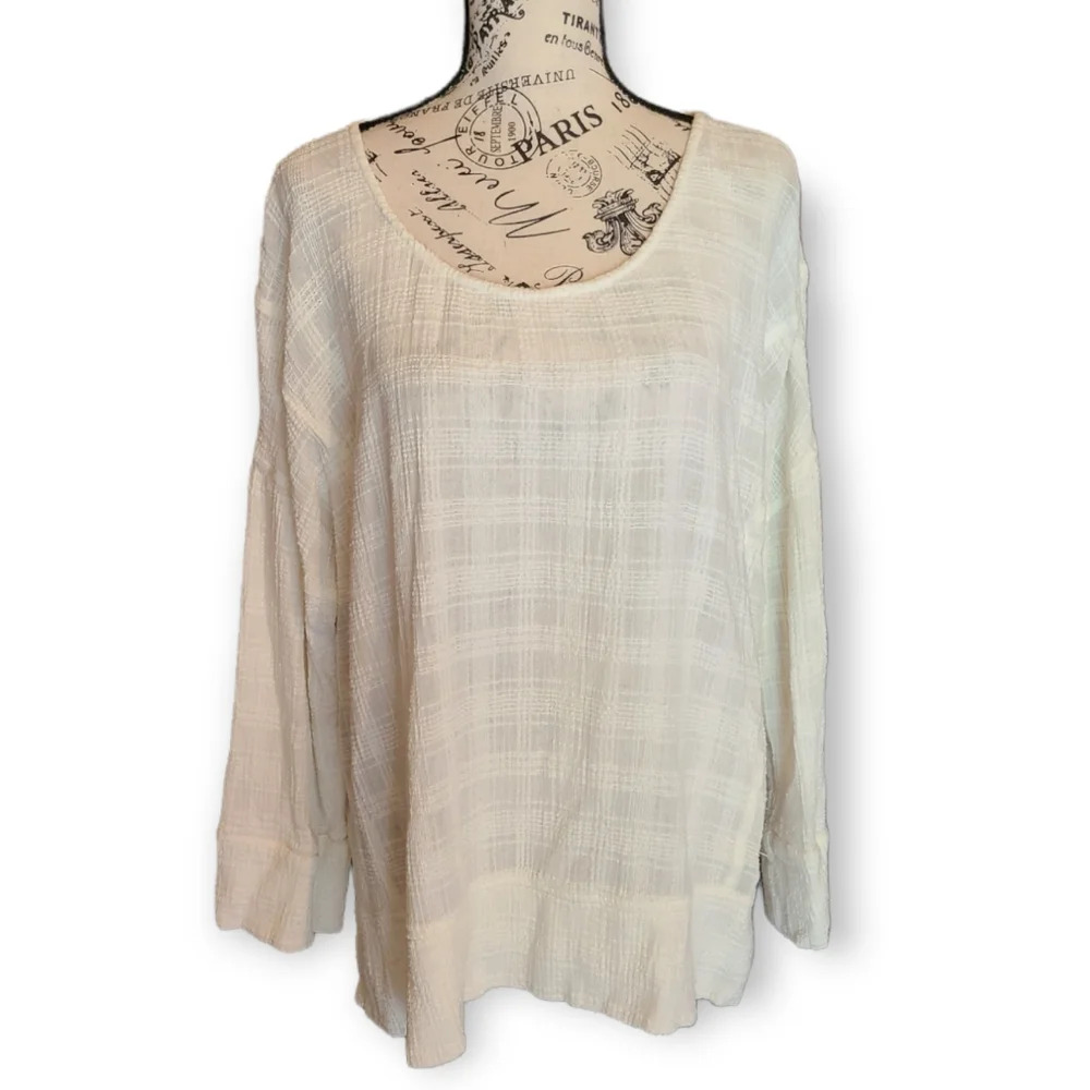 Soft Surroundings Cotton Plaid Longsleeve Blouse Cream White Large